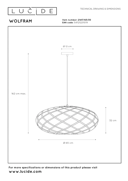 Lucide WOLFRAM - Hanglamp - Ø 65 cm - 1xE27 - Zwart - technisch